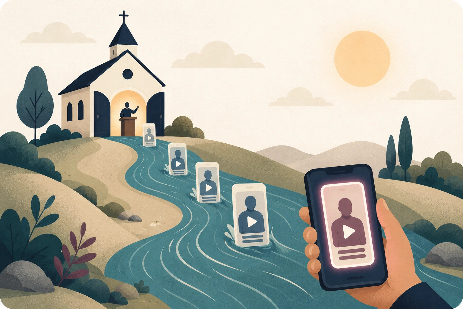 Illustration: a sermon preached in a small church flows downhill as a stream of video clips into a phone