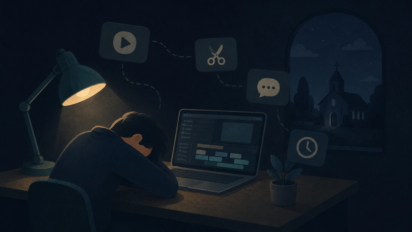 Illustration: a tired volunteer slumped at a desk late at night beside a video editing timeline