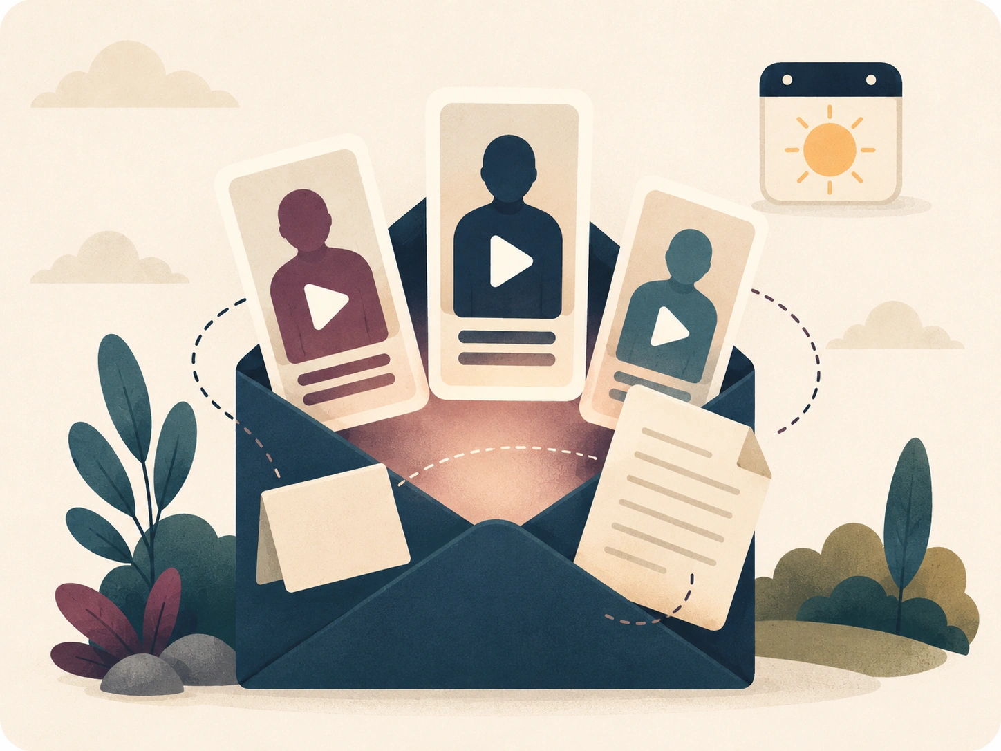 Illustration: an envelope opens with three finished sermon clips, post copy and a recap email