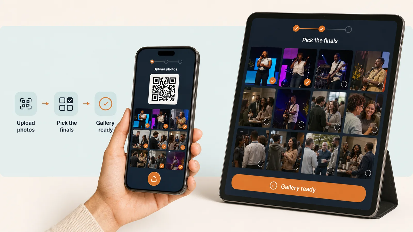 Illustration of the workflow: a volunteer scanning a QR code, photos flowing into one place, and a finished gallery coming back